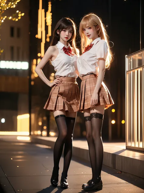 shiina mahiru,xiaofu,
school uniform,collared shirt, short sleeves, bowtie, plaid pleated skirt, pantyhose, ,((full body)), ((single bare shoulder)), (Asian beauty: 1.3), girl, solo, ((outfit with lace-trimmed black thigh-high stockings, )), ((Pleated skir...