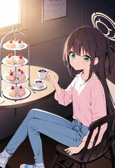 Best Quality、8k、Representative works:1.3、 Japanese anime style、Human Girl、1 person、1 person、Petite、 glamorous body 、curve、cute、Smiling expression、Eating cake deliciously 、 beautiful long maple brown hair 、 beautiful emerald green eyes 、 pastel pink long sl...