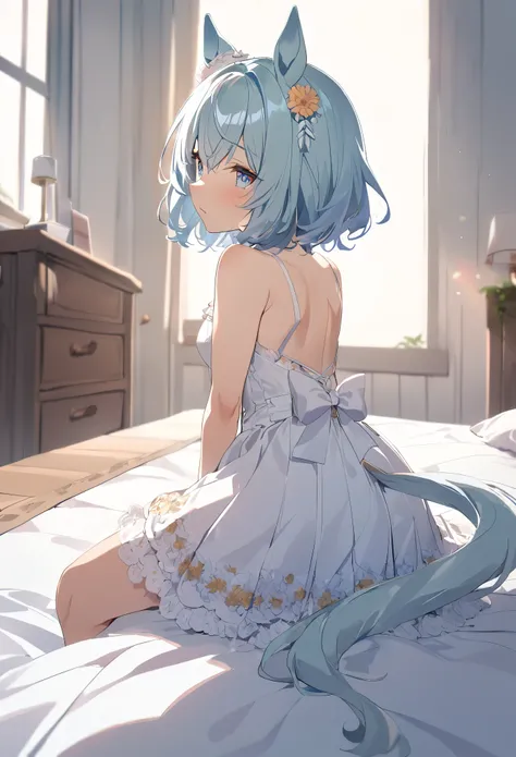 ((1 girl)), seiun sky (umamusume), bedroom, on the bed, ((from behind)), from back, back shot, crawling position, on all fours, naked, ass, (skyblue horse tail), body without discomfort, chest, small curvaceous, masterpiece, best quality,