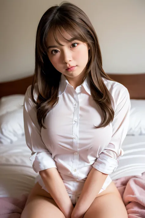 (( Super Real :1.4)), ((Female elementary school student)),(( female)), ((white shirt on nude body )),(( Im lying on the bed )), Shy , long hair,Large Breasts,Nipples, Shy ,R18,Realistic vagina, cute junior idol face,(( open legs)),((Brown Hair))