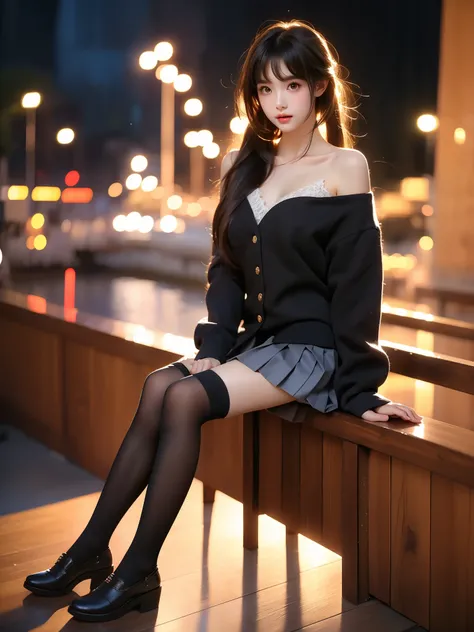 nakano azusa, sakuragaoka high school uniform,
very long hair, bangs, low twintails, ,((full body)), ((single bare shoulder)), (Asian beauty: 1.3), girl, solo, ((outfit with lace-trimmed black thigh-high stockings, )), ((Pleated skirts, short skirts, , ver...