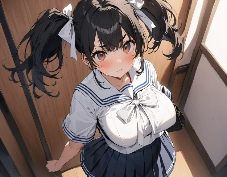 with a close-up standing figure looking down from above is a dark blue high school girl in a dark blue pleated skirt wearing black hair :1.3( twin tails:1.3)A dark blue high school girl with middle hair, brown eyes, large white ribbon breasts, and large :...