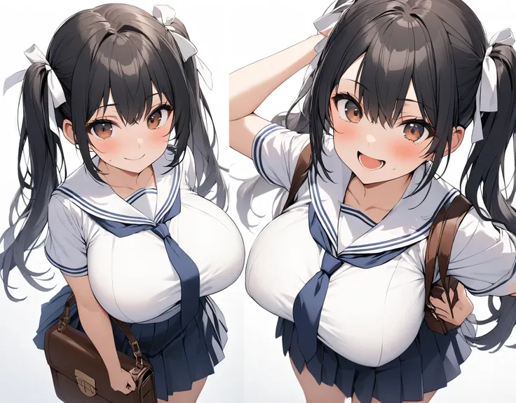 A close-up standing figure with a perspective expression looking down from above is a high school girl with black hair, twin tails :A high school girl with middle hair, brown eyes, big white ribbon, big breasts, thick legs, white collar, short sleeve, whit...