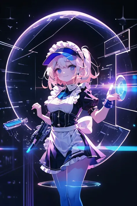 maid with a headdress girl smiling and shooting with a 3d visor and weapon(hologram),to the bots (players)  in an unknown place ...