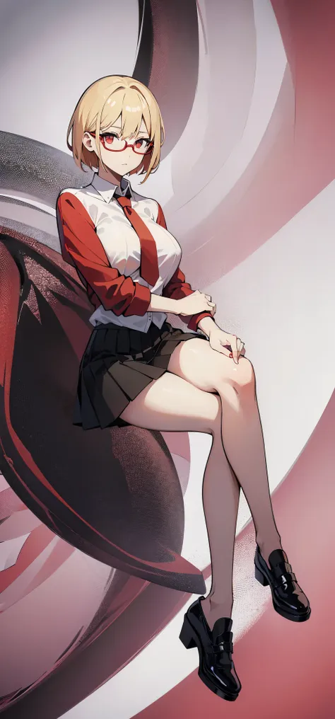 anime girl blonde hair red glasses, short hair, wearing white shirt red tie black skirt,  full body, looking at us , big boobs ,...