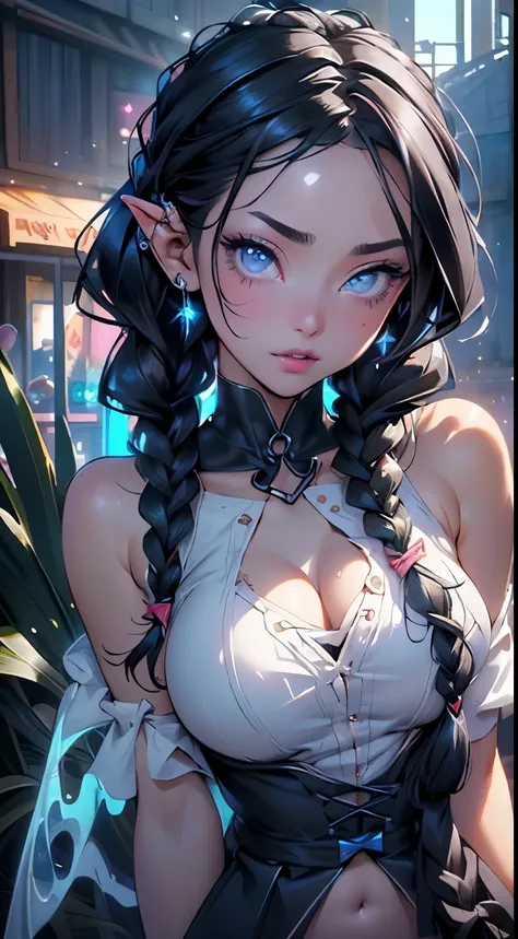 (one girl), ((athletic body:1.3, large breasts)), ((elven lolita)), ((cute anime lolita with beautiful braided hair)), ((((black hairs:1.35, twin braids with blue ribbons)))), (((detailed eyes, beautiful eyes, blue eyes:1.3, symmetrical eyes,))), (((lustro...