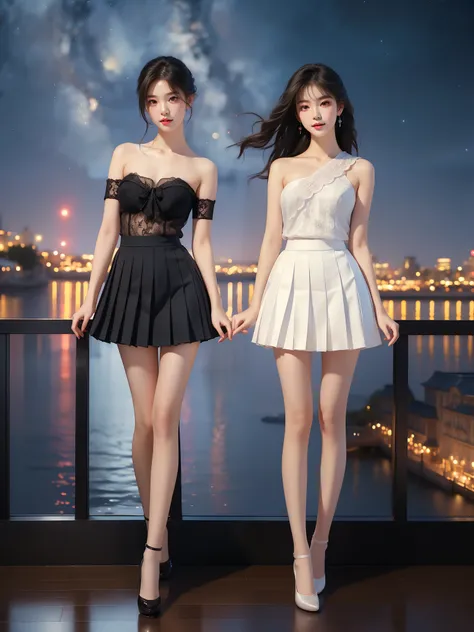 summerpocketsuniform ,((full body)), ((single bare shoulder)), (Asian beauty: 1.3), girl, solo, ((outfit with lace-trimmed black thigh-high stockings, )), ((Pleated skirts, short skirts, , very short hemline)), (toned body: 1.2), (naturally large breasts: ...