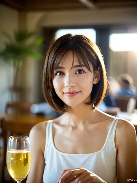 ((White Wine)),((Wine Glasses)),(Realistic, superrealistic:1.4), 16K HDR, Kampala ,((White Wine)),((Wine Glasses)),Happy smile、 short hair,The best smile、Japanese actress, so beautiful(It looks like the real thing),dress、Slim couple、Model Couple、(Realisti...