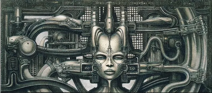 hrggr, the image is a detailed view of h.r. giger's biomechanical tableau \" landscape no 312 \" plate, featuring a complex, int...