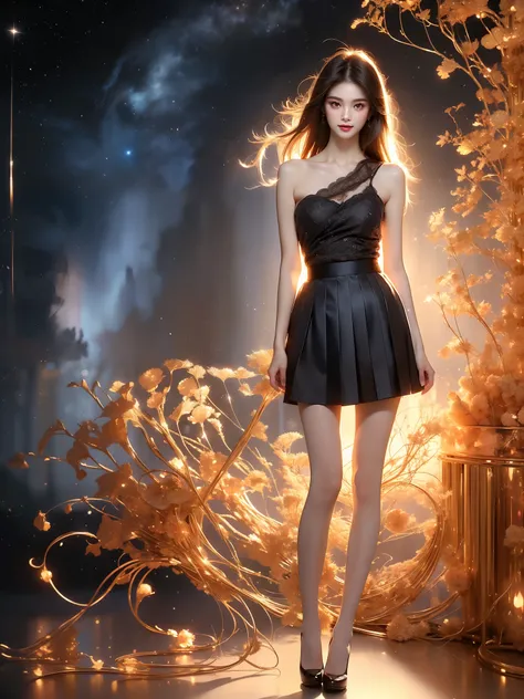 szsjk ,((full body)), ((single bare shoulder)), (Asian beauty: 1.3), girl, solo, ((outfit with lace-trimmed black thigh-high stockings, )), ((Pleated skirts, short skirts, , very short hemline)), (toned body: 1.2), (naturally large breasts: 1.1), (visible ...