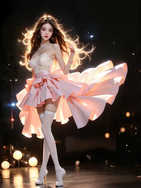 szsjk ,((full body)), (Asian beauty: 1.3), girl, solo, ((outfit with lace-trimmed black thigh-high stockings, )), ((Pleated skirts, short skirts, , very short hemline)), (toned body: 1.2), (naturally large breasts: 1.1), (visible cleavage: 0.8), (smooth f...