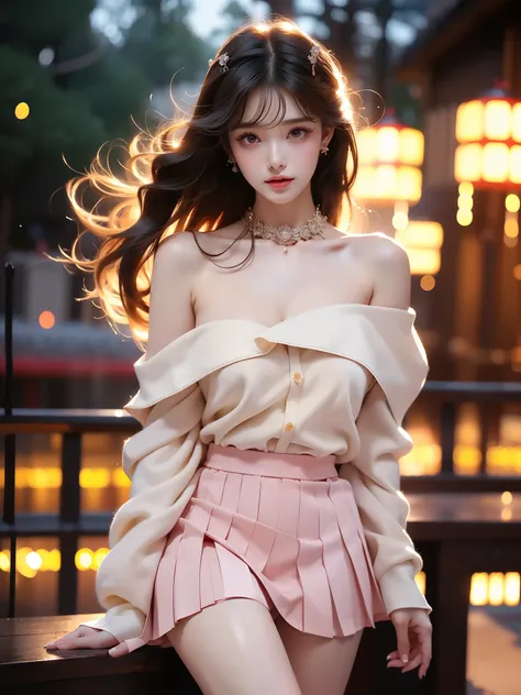 jirai fashion ,((full body)),  ((single bare shoulder)), (Asian beauty: 1.3), girl, solo,  ((Pleated skirts, short skirts, , very short hemline)), (toned body: 1.2), (naturally large breasts: 1.1), (visible cleavage: 0.8), (smooth flawless skin: 1.2), (per...