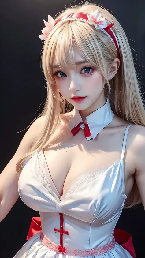 (8K), Sharp Focus, hight resolution, 1girl in, Alice, Upper body, Alice Def, Blonde hair, (sash, Bow, Hair Band), huge-breasted, Dress, (High quality:1.2), (high detailing:1.2), (masutepiece:1.2), (Extremely detailed:1.2),