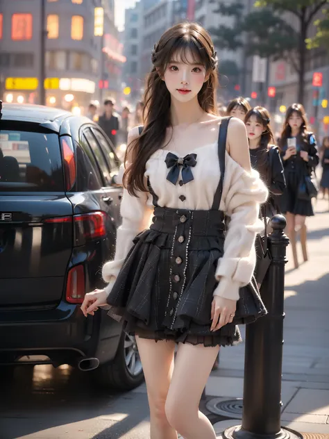 dating attire, sweater, white sweater, bow sweater, shoulder cutout, skirt, buttons skirt, suspender skirt, pantyhose, shoes ,((full body)), ((single bare shoulder)), (Asian beauty: 1.3), girl, solo, ((short skirts, miniskirt, very short hemline)), (toned ...