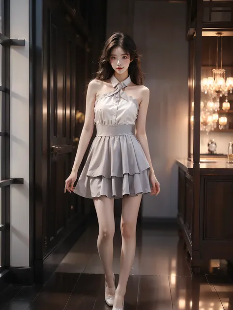 cyb dress, cyb shirt, cyb skirt, necktie, suspender skirt, suspenders ,((full body)), ((single bare shoulder)), (Asian beauty: 1.3), girl, solo, ((short skirts, miniskirt, very short hemline)), (toned body: 1.2), (naturally large breasts: 1.1), (visible cl...