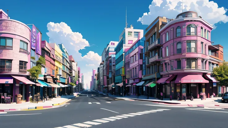 future cityscapes created by ai　 no one　noon　sunny　blue sky　cloud　main street　 taxi is parked at the end　sidewalk left and right...