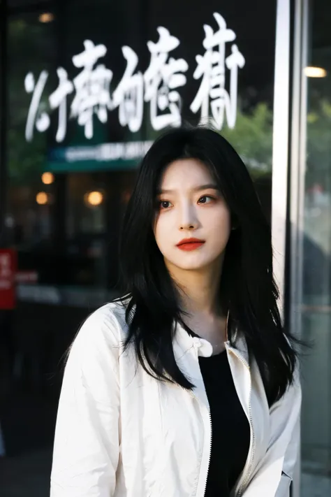 asian k-pop girl with long hair in a dark place that looks like dpr ian and in the background with a sign that says the word fac...