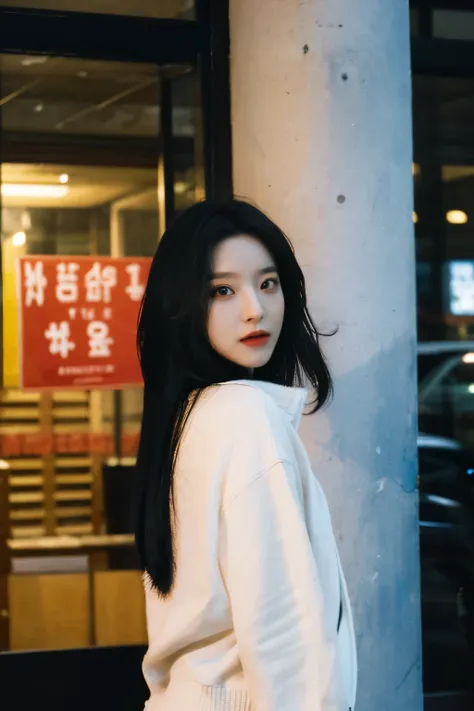 asian k-pop girl with long hair in a dark place that looks like dpr ian and in the background with a sign that says the word fac...