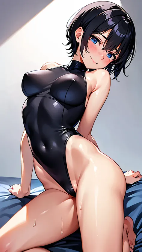 Girl 1, very short hair,Black Hair, Boyish Hairstyle , blue eyes ,Black leotard,  high leg,blush,Sweaty,Wet,barefoot, viewers,Lie down on the bed,Big Breasts,From below,front, opening wider,saliva,shy,smile,Sigh, cowboy shot , Reach Out,seiza