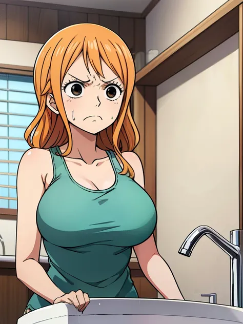 patient nami、vomiting、disgusting facial expression、washbasinにvomiting、one piece、having a conversation、troubled face、big breasts、...