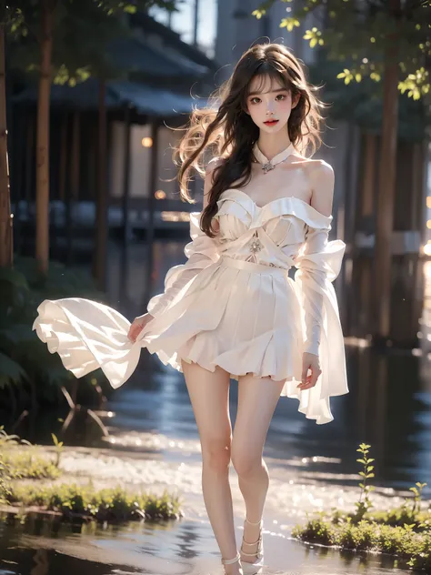 cyb dress, collared shirt, long sleeves, necktie, capelet, frills, badge, long dress ,((full body)), ((single bare shoulder)), (Asian beauty: 1.3), girl, solo, ((short skirts, miniskirt, very short hemline)), (toned body: 1.2), (naturally large breasts: 1....