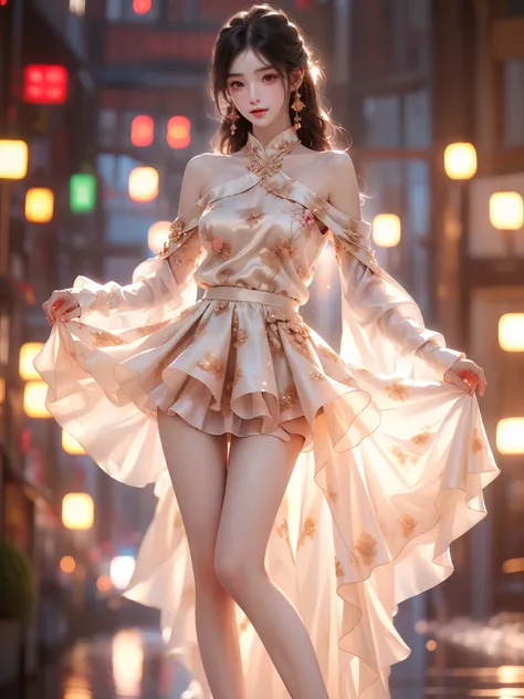 newchinesestylesuit ,((full body)), ((single bare shoulder)), (Asian beauty: 1.3), girl, solo, ((short skirts, miniskirt, very short hemline)), (toned body: 1.2), (naturally large breasts: 1.1), (visible cleavage: 0.8), (smooth flawless skin: 1.2), (perfec...