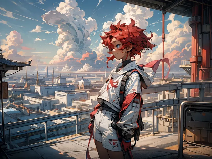 flying, girl１people,a futuristic building ,flying飛空艇,blue sky,flowing clouds, on the roof , looking up at the distant sky, short...