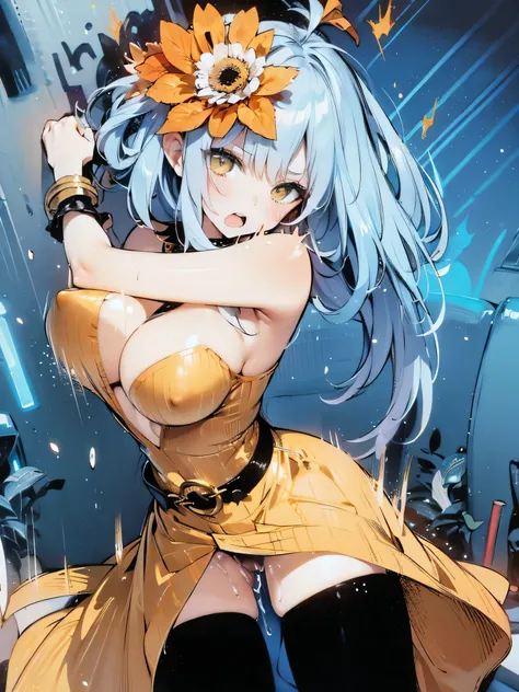 masterpiece, best quality, BREAK, (solo), Rocbouquet, Romancing SaGa, BREAK, (light blue hair), (golden eyes:1.3), (dark orange short dress), plunging neckline, off-shoulder dress, cleavage, (thigh gap), black thighhighs, BREAK, (bouncing large breasts wit...