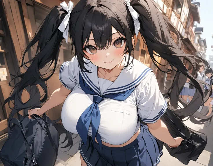 standing from the side, the background is black hair between modern japanese buildings:1.3( twin tails:1.3)a dark blue high scho...