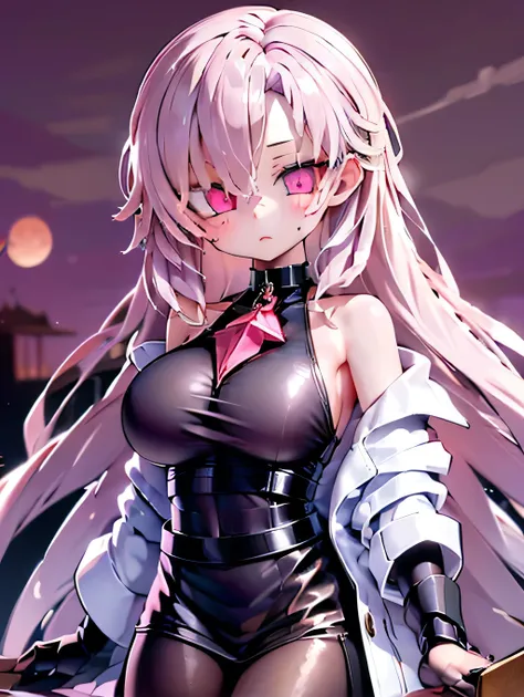 (limited palette), Best quality, (((Masterpiece))), (((Beautiful detailed hair))), (((beautiful detailed skin))), Solo, , Younger, , (((pink hair))), pink eyes, (mascara), Blunt bangs, ((Hair over eyes)), short hair, Medium breasts, Frilled white dress, Wh...
