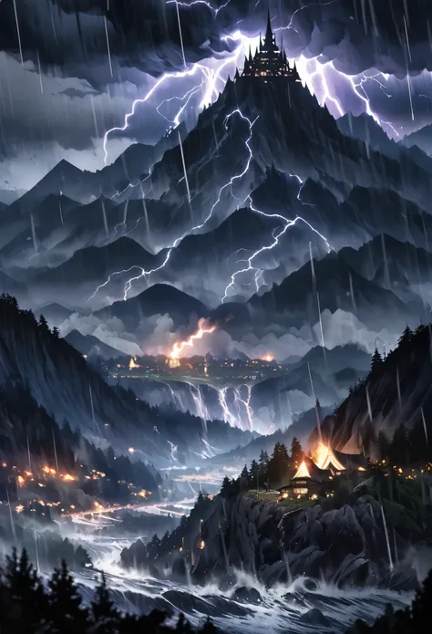 Dark, night, forest, black gloomy castle on top of the mountain, rain, lightning, high giant mountain, storm, tornado, tsunami