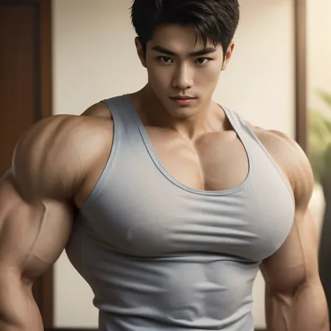 (a close up of a handsome asian boy wearing a tank top, his huge pecs are bulging out underneath his tank top), 1boy, beautiful,...