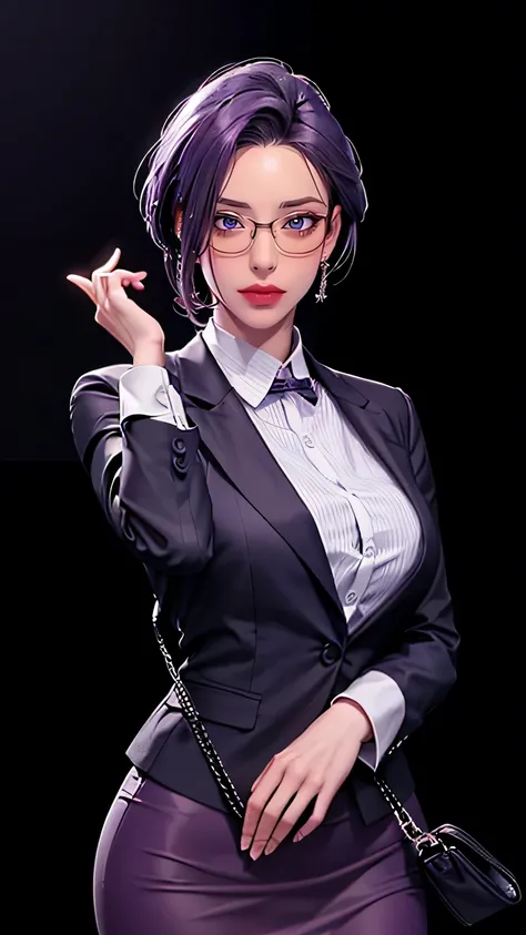 (((perfect figure,figure,suit, gray shirt,hip-covering skirt(((JMT,Glasses,purple hair,short hair,purple eyes,MiJungdef,purple eyes,purple hair,medium hair,)))型figure:1.7))),((masterpiece)),high resolution, ((Best quality at best)),masterpiece,quality,Best...