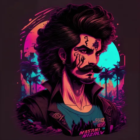 retrowave mayan character design,( face of a handsome man neocruz, black hair, brown eyes, messy hair, mustache)  sticker, full ...