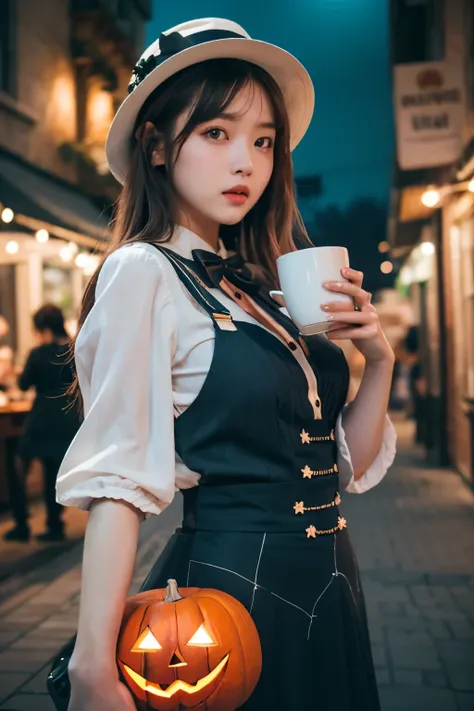 Young woman , On a dimly lit Halloween night , drinking coffee at a cafe , Vibrant city , the entire scene creates a magical Halloween scene , overall scene has a fantastic atmosphere ,Photography Style, scene uses bold 「 Halloween 」 neon lights , ch...