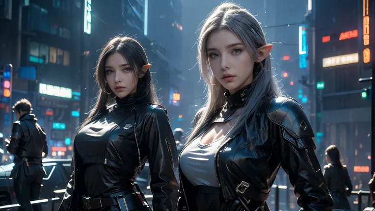 masterpiece, high resolution,8K,(Portrait Photos:1.5),(R Original Photo),Reality,Digital Photography,( fusion of cyberpunk and fantasy),(Female Soldiers),20-year-old female elf,(Big , Accessories, close your mouth ,Elegant and charming,Serious and arrogant...