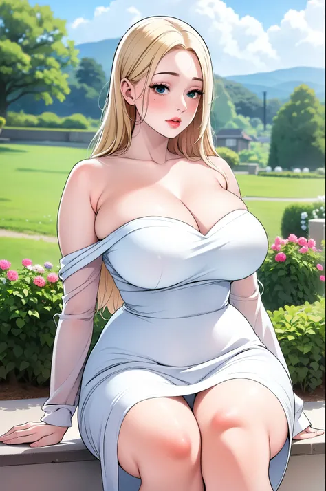 an extremely beautiful sexy curvy busty thin woman with pale blonde hair, big green blue hazel eyes, and extremely shiny white fair skin, pink glossy lips in a long off-shoulder white floral dress with a yellow cardigan over the shoulders. cute plain look ...