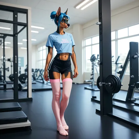 Furry female Doberman dog,blue hairstyle , short skinny t-shirt,black tight short shorts,pink stockings,standing in the gym , with length from the camera full-length view from the front.