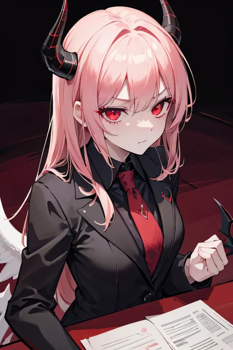  Here is a prompt to create this image :

"Portray Satan as a loan shark ,  She must possess feminine traits ,  with an imposing and charismatic appearance ,He is wearing an elegant black suit and wearing a red tie matching his red eyes like hellfire.  She...