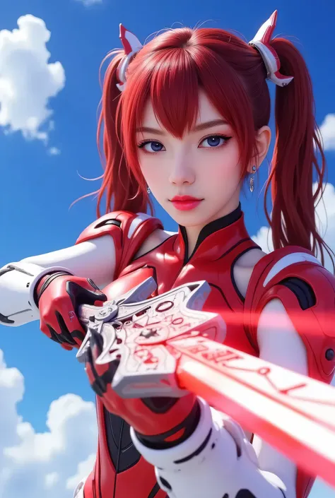 a detailed girl in mechanical red and white robot armor, mary dr., holding a long red and white sword, flying dynamically throug...