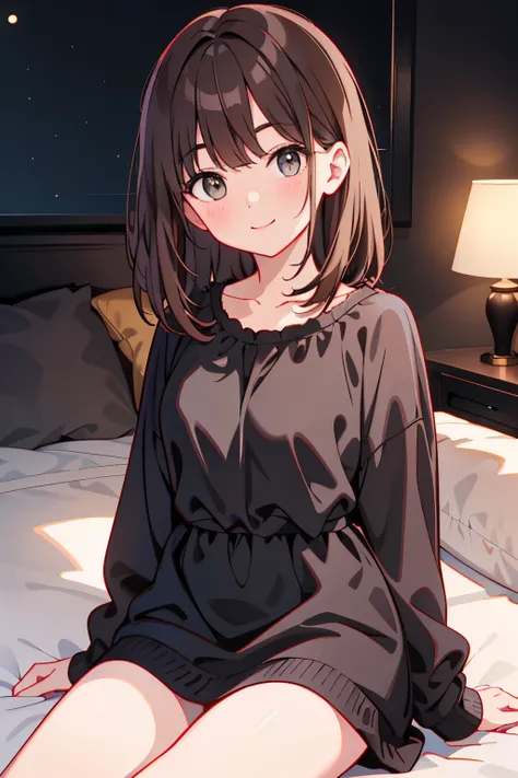  masterpiece、30th Generation、woman、 sitting on bed、Dark Background、 medium hair 、 snap bangs, Brown Hair、 face up 、 Looking Here  、 shy 、seductive smil、A seductive look