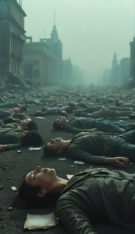 many people lying on the ground in the middle of the street,  dystopian art, dystopian surrealism, #  dystopian art, dystopian, ...