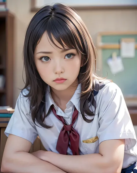 (Realistic:2.0),(High resolution:1.5),(Mastepiece),(1 girl:1.5),(solo:1.5),(looking at the viewer),Small face,(small Breasts),(school uniform),bob hair,bangs,(pleats skirt:1.2),(white shirt),(Short sleeve),(Detailed eyes),(Accurate eyes),(Wide eyes),(Sulk:...