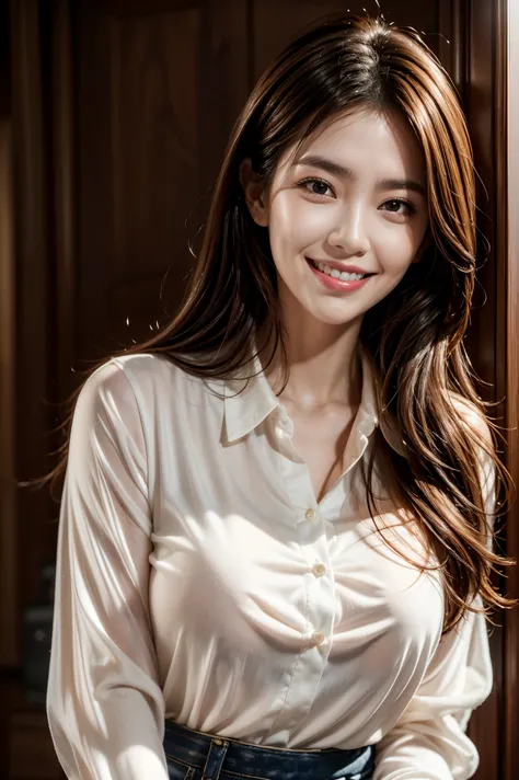 masterpiece, best quality , photorealistic, RAW Photos, 1 girl, Long Hair, Medium Breasted , Collared blouse , A light smile, Detailed skin, pore, simple background