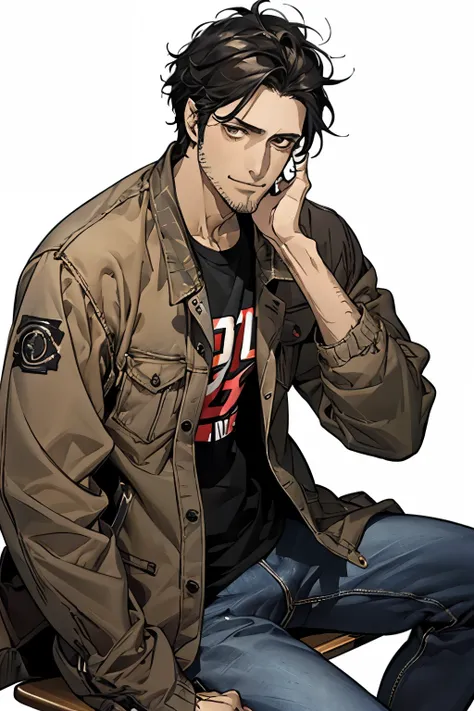 male,black hair, unkempt hair,((40 year old man )), untidy clothes, jeans, (white background),  brown skin , stubble, slouchy sm...