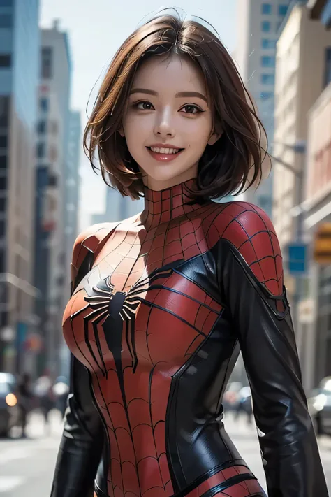 ( Full sleeve Spider-Man costume with great detail that covers the whole body), 1 beautiful woman, Double eyelids,  long eyelashes, grin, (Big Breasts), ( Thin Waist), High quality rendering, ((background; Skyscraper Street )) ,  vivid color style ,  dramatic lighting, (Movie costumes), (masterpiece,  best quality , super detailed, Realistic)