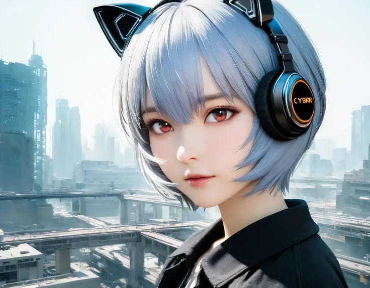 (best quality, 8k, high resolution:1.2), 1girl, ayanami_rei, cat ear headphone, cyber city, upper body