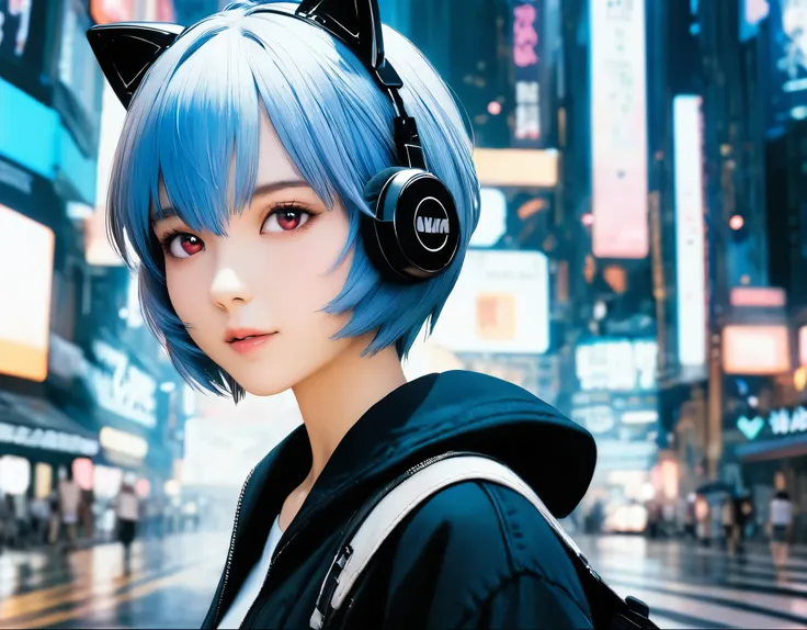 (best quality, 8k, high resolution:1.2), 1girl, ayanami_rei, cat ear headphone, cyber city, upper body