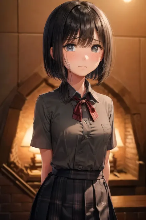 (masterpiece, Best Quality, 8K,Raw photo, High resolution:1.5), (1 girl, looking at viewer, upper body:1.8), (seiza on the floor, arms behind back, a girl is crying:1.8), (crying, sobbing, tearing, tearful, full-face blush, embarrassed, shyness:1.9), (nigh...