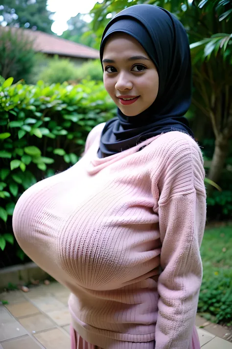 ((Naked Oversized Bra)), ((Gigantic :1.7)), (from behind up) seductive pose, (Happy smile), (((HIJAB MALAY GIRL))), masutepiece, High quality, UHD 32K, Realistic face, Realistic skin feeling , 18 years old Young lady, (Night time at forest), ((look In fron...